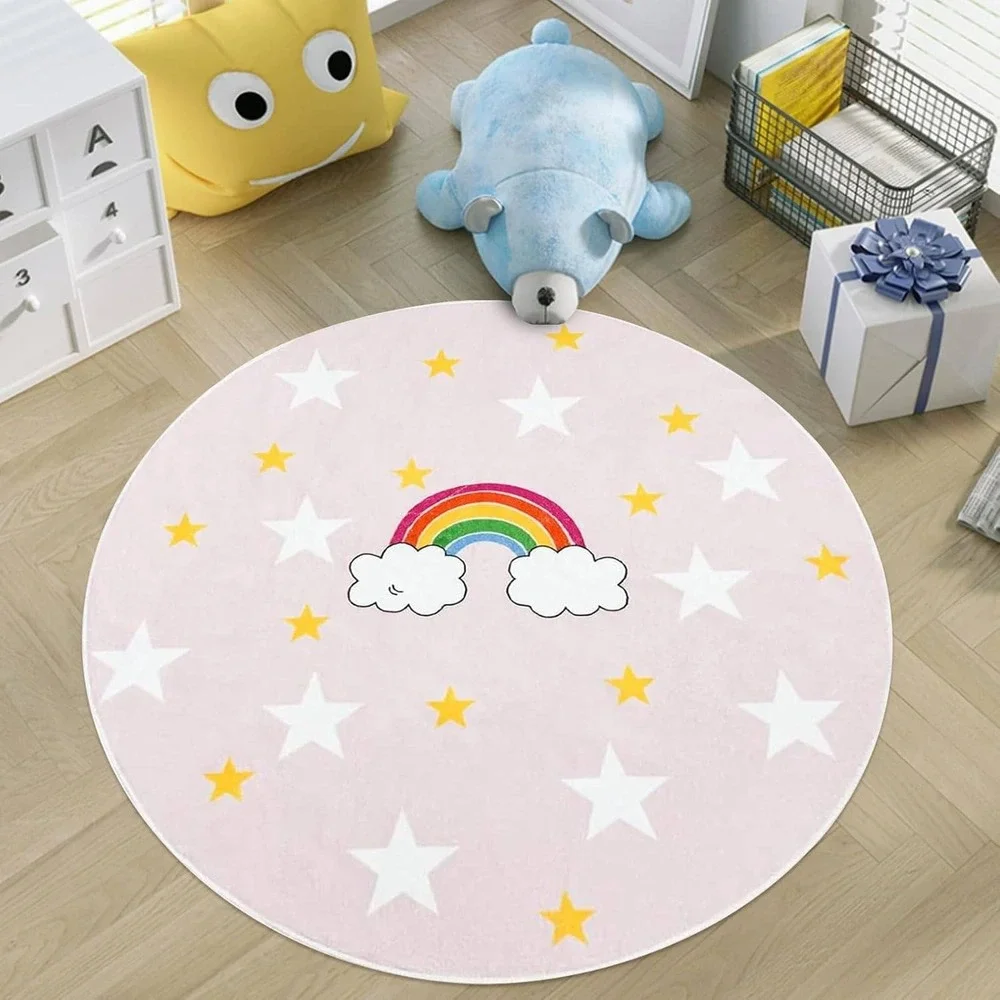 Round Beige Rainbow Star Kids Room Decor Rug 47‎ Inch